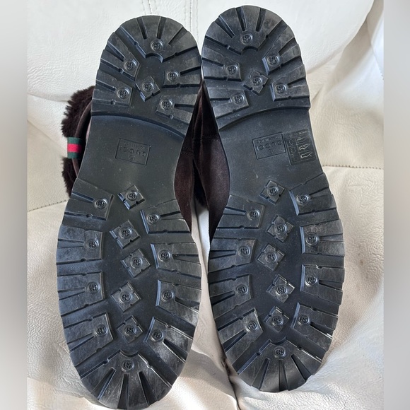 Gucci Web Brown Distressed Suede Fur Boots - Picture 6 of 9